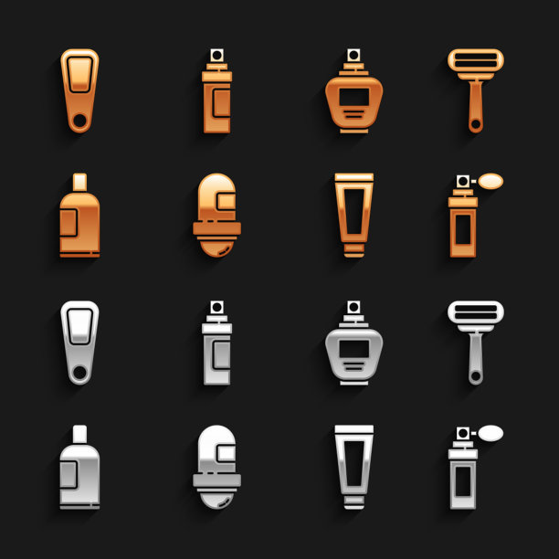 设置止汗除臭剂卷，剃须剃须刀，香水，护肤霜，化妆品管，一瓶洗发水，手镜和图标。向量图片下载