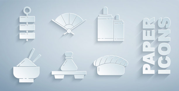 饺子放在砧板上，烟花，筷子饭碗，寿司，纸中国折扇和图标。向量图片下载