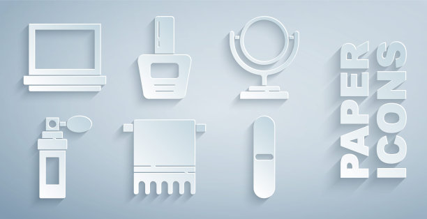 将毛巾挂在衣架上，圆形化妆镜，香水，指甲锉，指甲油瓶，粉饼和图标。向量图片下载