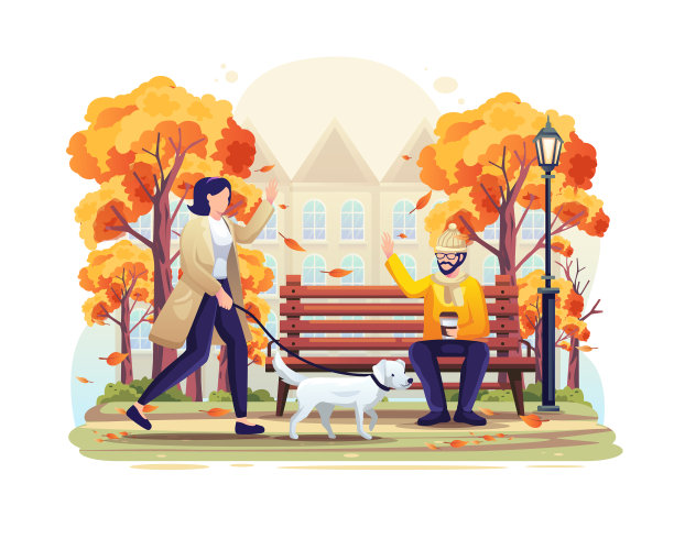 秋天，一个女人带着她的狗在公园里散步图片下载