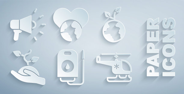 集献血者、植树志愿者队、救援直升机、爱心世界、喇叭图标。向量图片下载