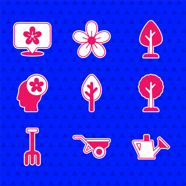 Set Forest, Wheelbarrow with dirt，喷头，Garden rake, Human head flower inside, and Location icon。向量图片下载