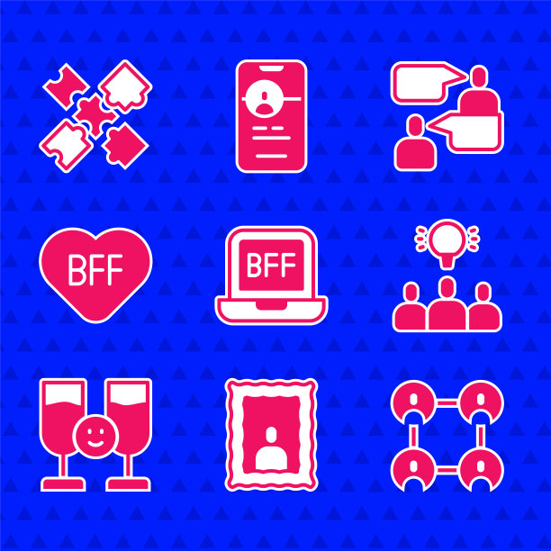 设置永远的最好的朋友，相框，项目团队基地，朋友喝酒，两个坐着的男人聊天和拼图玩具图标。向量图片下载