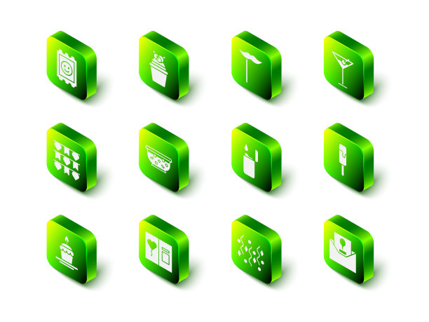 Set Cake, Paper mustache on stick, Martini glass, Ice cream, Invitation, Lighter, Festive五彩纸屑和Greeting card图标。向量图片下载