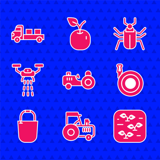 设置拖拉机，植物，花园软管，桶，智能农场与无人机，昆虫苍蝇和皮卡卡车图标。向量图片下载