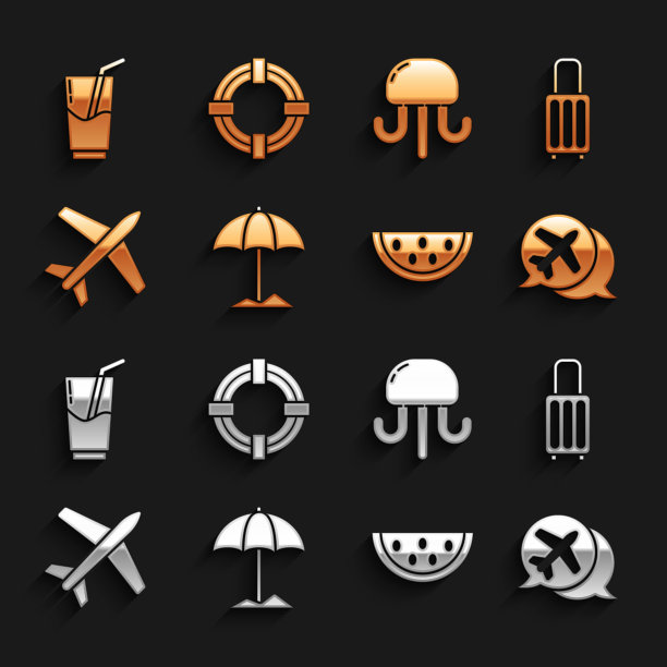 沙滩遮阳伞，旅行箱，语音气泡飞机，西瓜，飞机，水母，鸡尾酒和酒精饮料和救生圈图标。向量图片下载