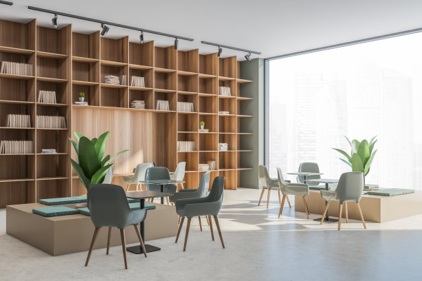 全景办公区米色和绿色与架子。角落里的观点。图片下载