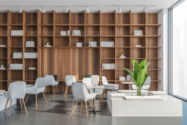 全景白色和灰色办公区与架子图片下载