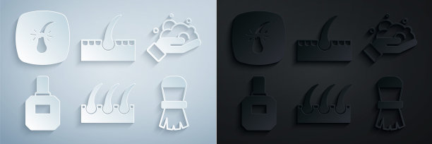 设置人的毛囊，剃须泡沫在手，须后水，刷，和破碎的图标。向量图片下载