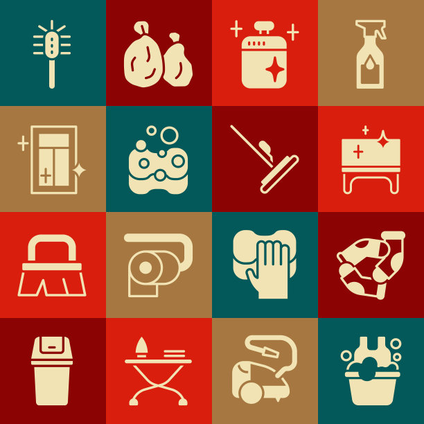 备有肥皂水，袜子，清洁桌子，烹饪锅，海绵，清洁服务的窗户，马桶刷和拖把图标。向量图片下载