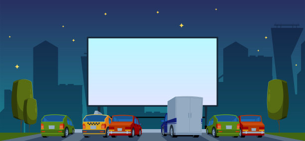 户外电影。汽车在黑暗的夜晚拍摄吸引人的活动，在夏季公园艳丽的矢量平面插图图片下载