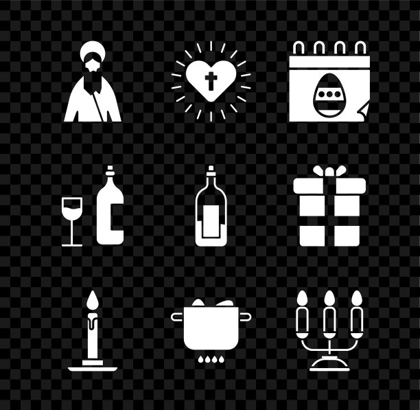 设置耶稣基督，基督十字架和心，日历与复活节彩蛋，燃烧的蜡烛在烛台，鸡蛋火锅，烛台烛台，酒瓶玻璃和酒瓶图标。向量图片下载