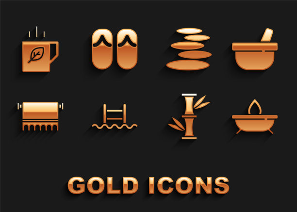 设置游泳池与梯子，研钵和杵，香薰蜡烛，竹子，毛巾衣架，堆叠热石头，一杯茶叶和人字拖图标。向量图片下载