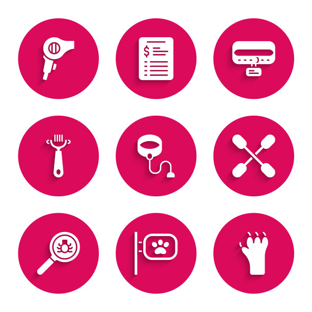 设置可伸缩绳皮带，宠物美容，爪子印，棉花棉签耳朵，跳蚤搜索，毛刷狗和猫，领子与姓名标签和烘干机图标。向量图片下载