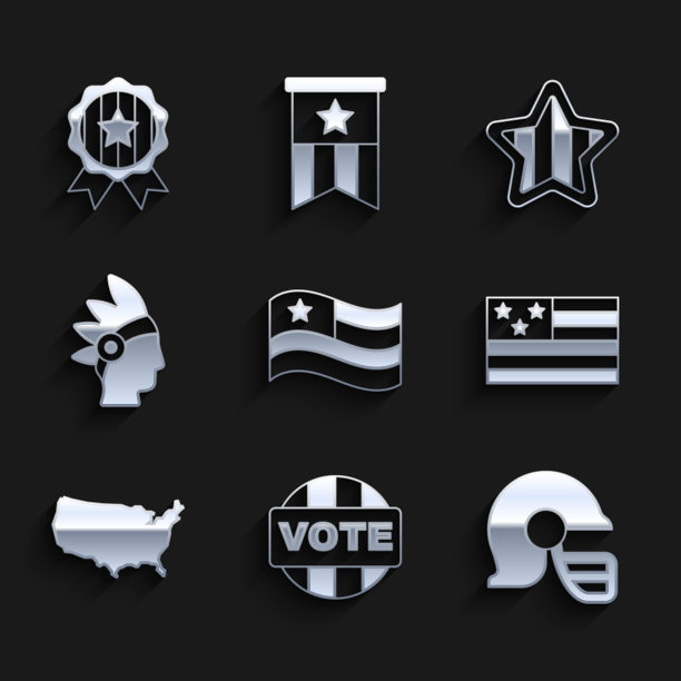 设置美国国旗，投票，足球头盔，美国地图，印第安人，独立日和奖章与星图标。向量图片下载