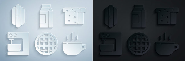 自制派，面包吐司，电动搅拌机，咖啡杯，纸包牛奶和热狗三明治图标。向量图片下载