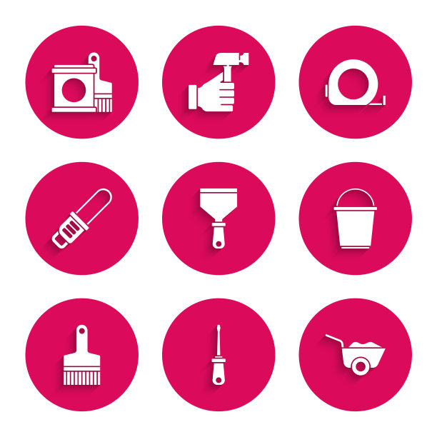 集合油灰刀，螺丝刀，独轮手推车，油漆刷，电锯，轮盘构造和桶和图标。向量图片下载