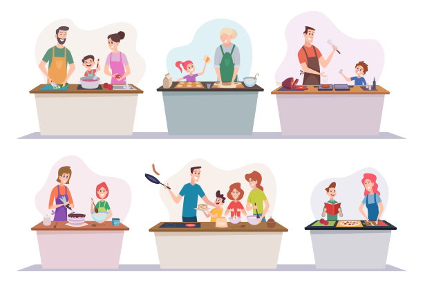 早餐的家庭。快乐的父母带着孩子在厨房做饭，晚餐，蔬菜，水果，煮沸的食物，服务餐桌确切的矢量插图图片下载