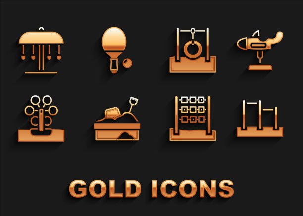 设置沙盒与沙，秋千平面，单杠，井字游戏，摩天轮，汽车轮胎吊绳，吸引旋转木马和球拍图标。向量图片下载