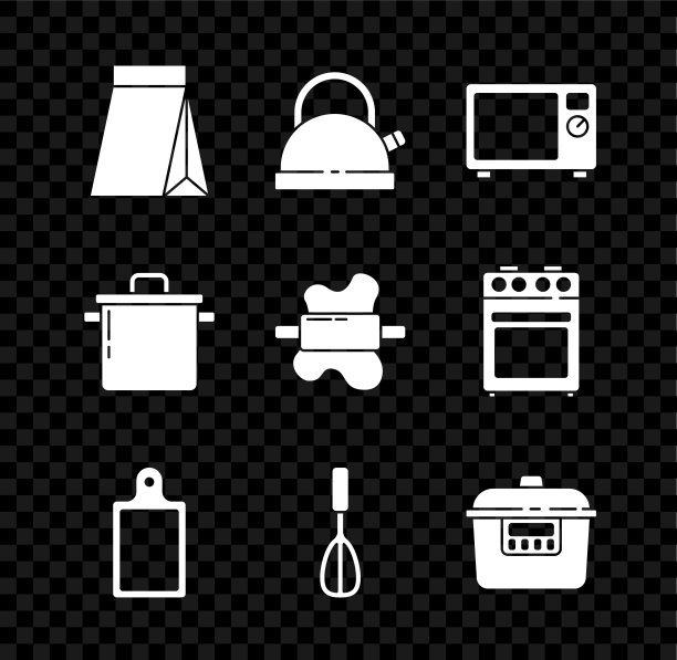 咖啡豆套装袋，带把手的水壶，微波炉，砧板，厨房搅拌器，慢炖锅，煮锅和面团上的擀面杖图标。向量图片下载