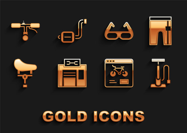 设置自行车维修服务，自行车短裤，打气筒，租赁手机应用，座椅，运动自行车太阳镜，车把和踏板图标。向量图片下载