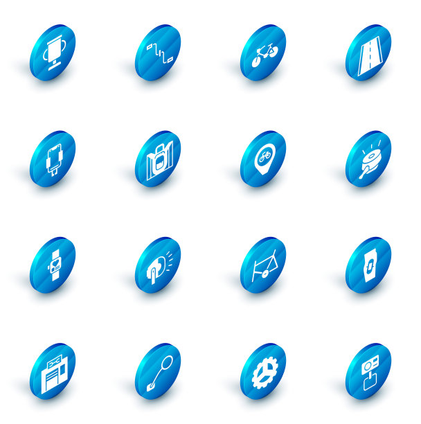 设置自行车踏板，车道，手机支架，智能手表，徒步背包，铃铛和位置与自行车图标。向量图片下载