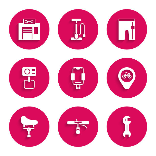 设置移动支架，自行车把手，扳手扳手，位置与自行车，座位，行动极端相机，自行车短裤和维修服务图标。向量图片下载