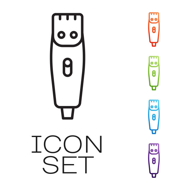 黑色线电动理发器或剃须刀图标隔离在白色背景。理发店的标志。设置图标丰富多彩。向量图片下载