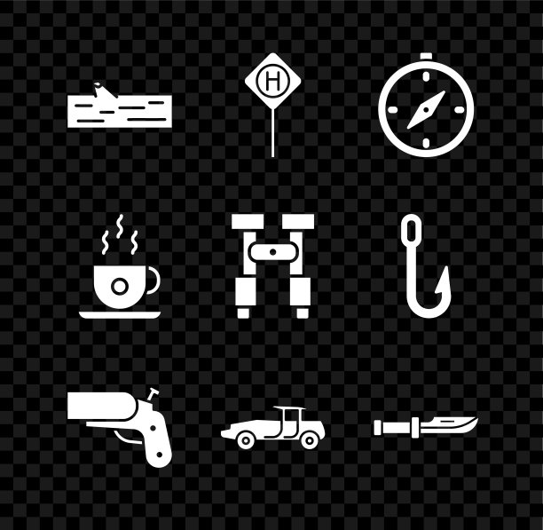 设置原木，停车，指南针，信号枪手枪，汽车，露营刀，咖啡杯和望远镜图标。向量图片下载