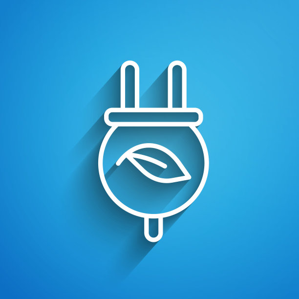 白色线电动插头在叶子图标隔离在蓝色背景。节约能源电力。环境保护。生物能源。长长的阴影。向量图片下载