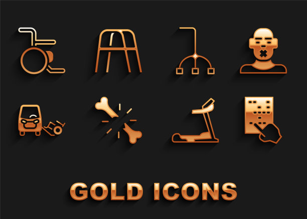 固定人体骨折，聋哑人头，盲文，跑步机，残疾人车，手杖，轮椅和步行者图标。向量图片下载