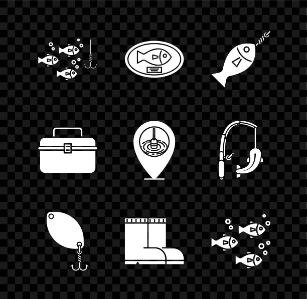 设置钓鱼钩水下与鱼，奖杯挂在板，勺子，靴子，箱或箱容器的摆动和齿轮钓鱼设备和位置图标。向量图片下载