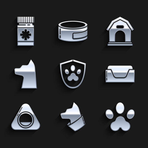 设置动物健康保险，猫，爪印，宠物床，狗屋和药瓶和药丸图标。向量图片下载