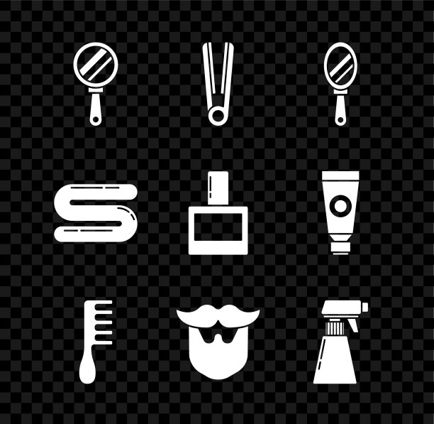 设置手镜，卷发器，发刷，胡子，理发师手枪喷雾瓶，毛巾和须后水图标。向量图片下载