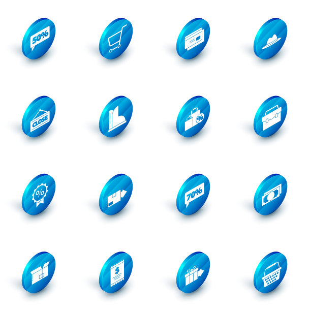 集购物车，信用卡，男式帽子与丝带，挂牌关闭，折扣百分比标签，防水橡胶靴，公文包和购物袋折扣图标。向量图片下载