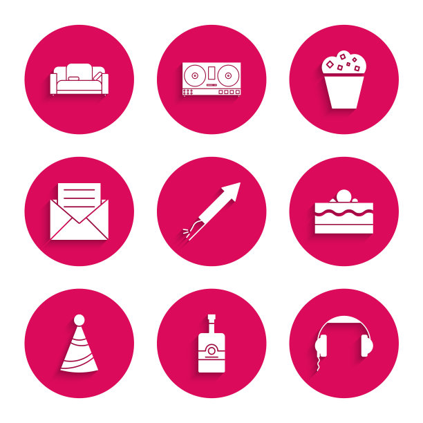 设置烟花火箭，威士忌瓶，耳机，蛋糕，派对帽子，信封邀请卡，爆米花纸箱和沙发图标。向量图片下载