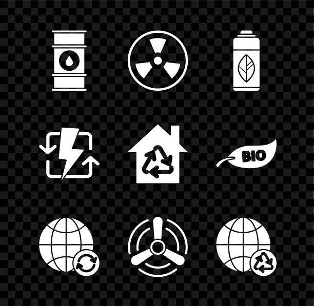设置石油桶线，放射性，回收塑料瓶，地球和回收，风力发电机，充电和生态住宅的符号图标。向量图片下载