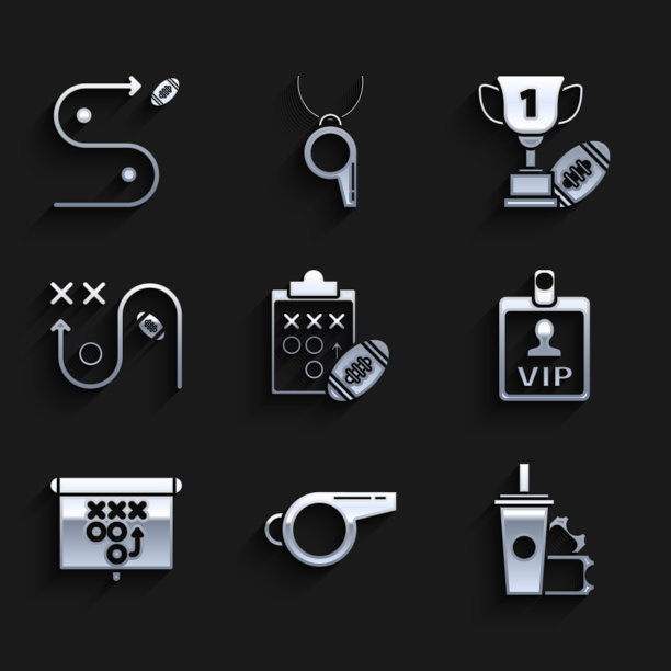 设置策划策略概念，哨子，美式足球门票和纸玻璃苏打饮料吸管，VIP徽章，奖杯足球和图标。向量图片下载