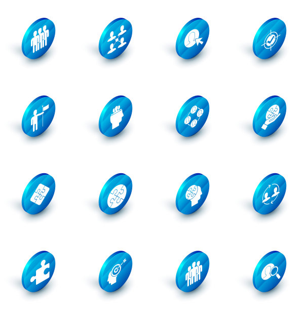 设置项目团队基地、西装男用户、目标和勾号、举旗男、拼图、手和图标。向量图片下载