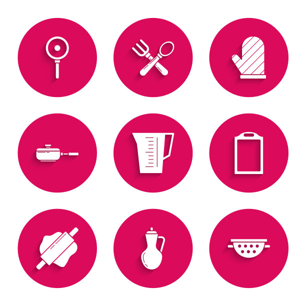 套装量杯，橄榄油瓶，厨房滤器，砧板，擀面杖，煎锅，烤箱手套和图标。向量图片下载