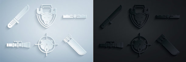 设置狩猎与十字准星，陷阱狩猎，狙击手光学瞄准器，箭，驼鹿头盾和猎人刀图标。向量图片下载