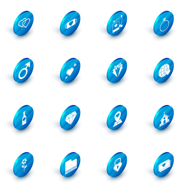 套装两个咖啡杯和心形，空白相框心形，钻石订婚戒指，男性性别符号，香槟瓶，爱与箭，世界爱情和西装图标。向量图片下载