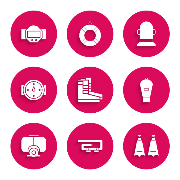 套靴，潜水带，游泳用橡胶脚蹼，提包，面罩，风玫瑰，浮标，手表图标。向量图片下载