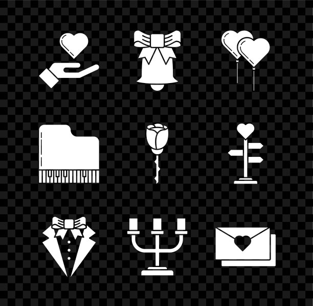 心在手上，铃声，气球形式的心与丝带，西装，烛台，信封情人节，大钢琴和花玫瑰图标。向量图片下载