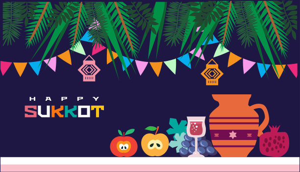 快乐住棚-模板海报，横幅。犹太的住棚节有苏卡，柠檬，艾特罗格，卢拉夫，阿拉瓦，哈达斯。图片下载