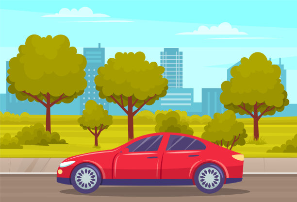 城市公园景观与道路上的客车。有高速公路和树木的城市景观图片下载