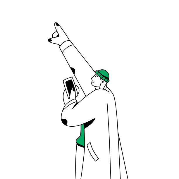 惊讶的男子举起手指着史密斯，并用手机拍照。快乐的人与智能手机看和显示史密斯与手指。平面矢量插图孤立在白色背景图片下载