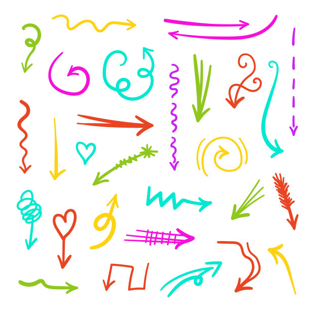 一组手绘的箭头。简单的向量元素。收集各种涂鸦方向指示器和指针。图片下载