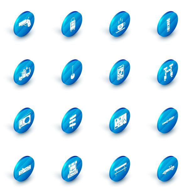 设置旅行箱咖啡杯手电筒房车露营图片下载