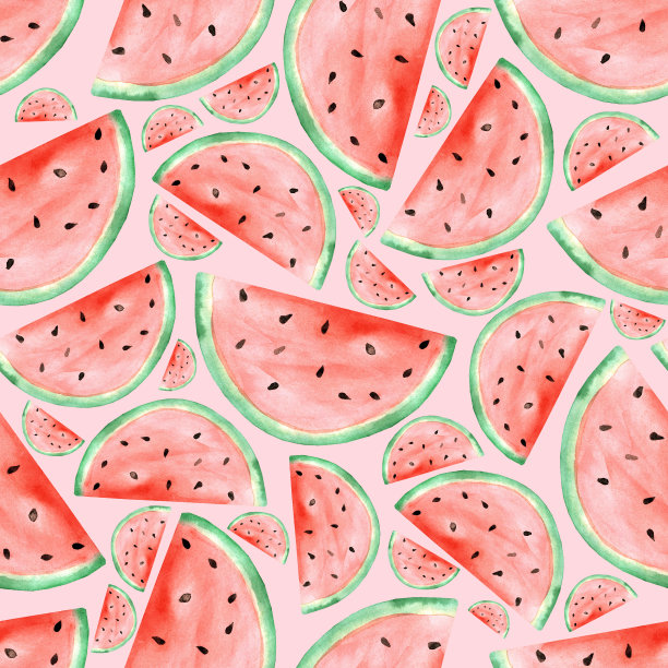 西瓜切片。在纸上水彩。插图。手工制作的。墙艺术打印。彩色图像。夏天的氛围。热带健康食品。无缝模式。图片下载
